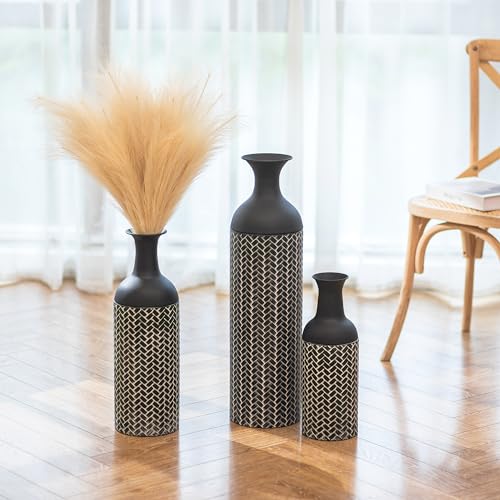 Sziqiqi Black Large Floor Vases: 27/20/16in Tall Metal Floor Vase Set of 3 Giant Floor Standing Vintage Big Vase for Living Room Oversized Floor Vases for Fireplace Hallway Corner Office