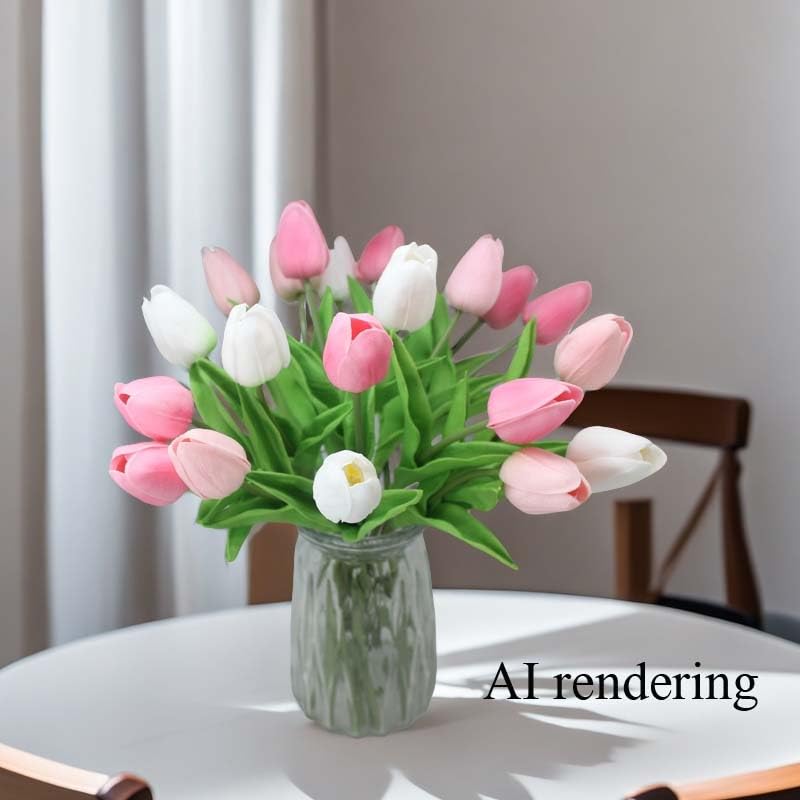 Artificial Flowers 10 Heads Mini Real Touch Artificial Tulip Multicolor Bouquet for Home Wedding Party Centerpiece Decoration (Pink&White&Light Pink) - color: Pink&white&light Pink