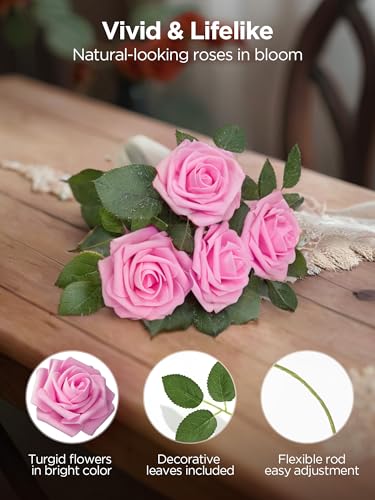 InnoGear Artificial Flowers, 50 Pcs Pink Foam Fake Roses Bulk with Stems for Decoration DIY Wedding Bouquets Centerpieces Bridal Shower Party Valentines Christmas Tree - color: Pink