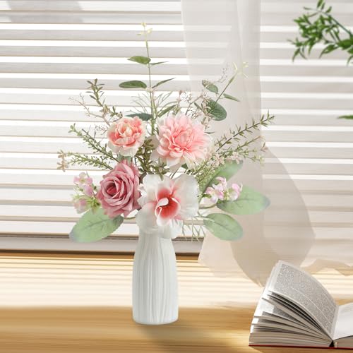 Small 11" Artificial Flowers in Ceramic Vase - Pink Silk Flower Centerpiece for Dining Table, Office, Wedding & Farmhouse, Home Decor Gifts - color: Pink