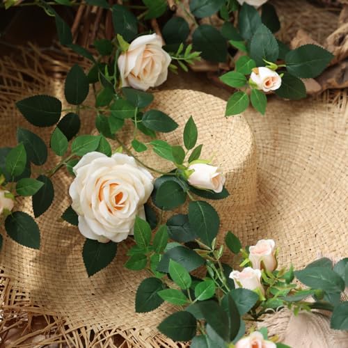 5.9FT Bendable Rose Flower Garlands, Artificial Silk Wild Roses Vine Hanging Flowers for Wall Fireplace Fence Table centerpieces Trellis Wedding Indoor Outdoor Spring Decor (Champagne, 2) - color: Champagne, size: 2