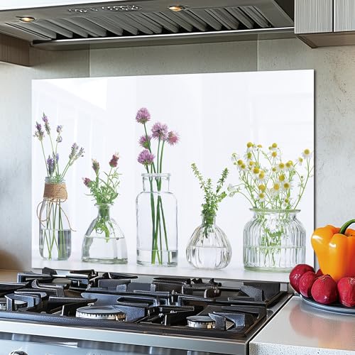 DAIFURONGE Tempered Glass Backsplash Kitchen,Flowers and Vase,36"x24" | Behind Stove Back Splash Panel Protector, Easy to Clean, Kitchen Wall Decor,One Piece Oven and Range Backsplash - size: 35.4"L x 23.6"W