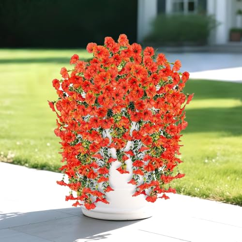 Artificial Flowers for Outdoors Decoration, 4Pcs Fake Hanging Flowers Morning Glory UV & Fading Resistant, Artificial Faux Plants Deocr for Home Porch Patio Balcony Planter Yard Garden Farmhouse - color: Orange
