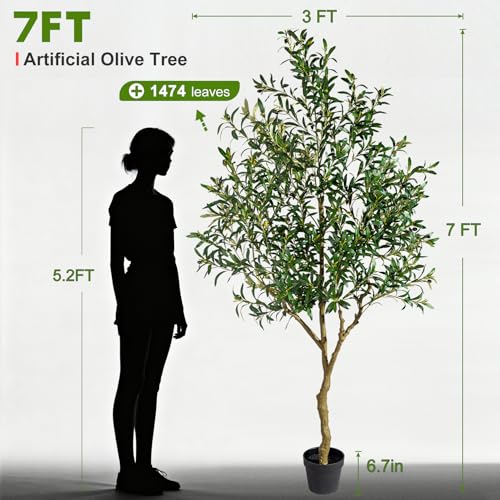 Large Artificial Olive Tree Faux Trees Indoor Outdoor Realistic Floor Plant Tall Fake Plants for House Modern Home Living Room Master Bedroom Office Front Porch Decor Outside Patio para decoracion - size: 7ft