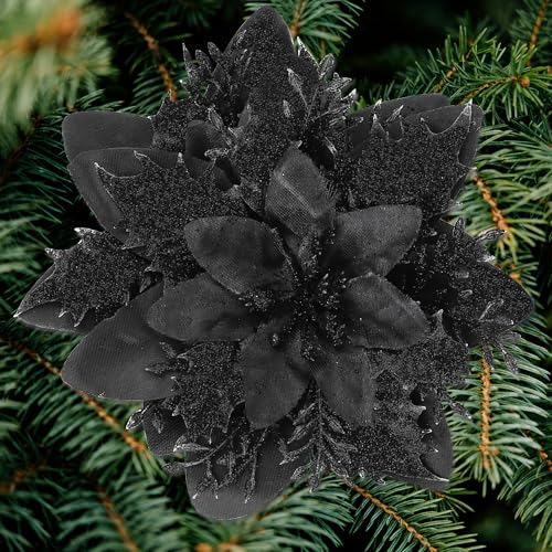 SITUMEIZI 24 Pcs Black Christmas Tree Decorations Black Ornaments for Christmas Tree Glitter Poinsettia Artificial Flowers 5.5" with Clips Fake Christmas Ornaments Xmas Tree Wreath New Year Decoration - color: Black