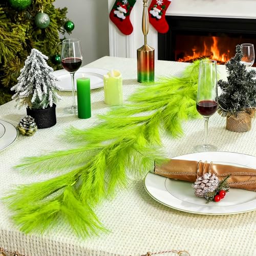 9 Ft Christmas Tree Garland Decoration Lime Green Pampas Grass Garland Artificial Faux Fabric Feathers Wreath for Mantle Xmas Tree Home Farmhouse Christmas Holiday Party Supplies - color: Lemon Green, size: 9 Ft