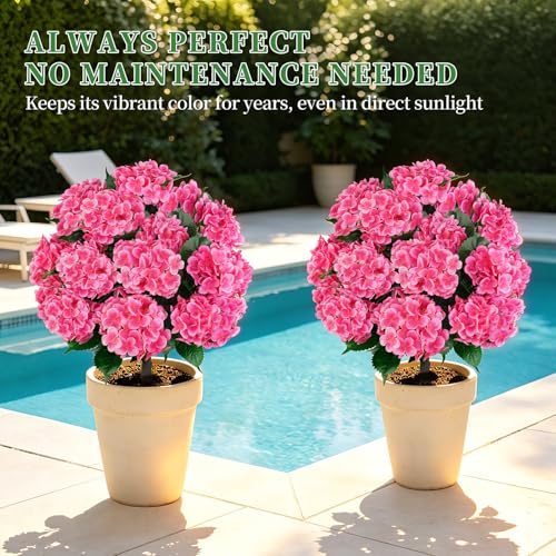 Grooy Artificial Topiary Ball Tree with Pink Hydrangea, Set of 2 UV Resistant Shrubs with Ground Spike, Fake Evergreen Plant Decor for Porch Garden Indoor Outdoor - color: Pink Hydrangea