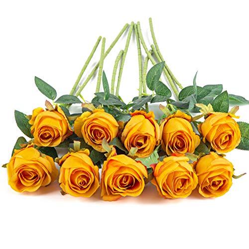 10pcs Artificial Rose Flowers Long Stem Fake Silk Roses for DIY Wedding Bouquet Table Centerpiece Home Decor (Orange) - color: Orange