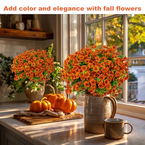AXYLEX Artificial Fall Flowers Outdoor Fake Mums - 16 Bundles Fake Plants UV Resistant No Fade Faux Plastic Greenery Garden Porch Patio Fall Home Decor (Red Orange16) - color: Red Orange16
