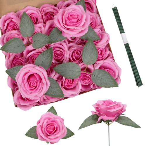 25PCS Pink Roses Artificial Flowers 3.94" Large Silk Roses with Stems Real Look Artificial Roses for Wedding Table Centerpieces Arrangement Home Decor(Pink) - color: Pink