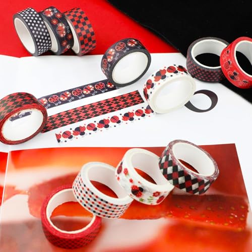 12 Rolls Insect Washi Tape, Seven Star Ladybug Masking Tape, Red Black Spots Decorative Tape for Journaling, Scrapbooking, DIY Crafts, Planner, Gift Wrapping, 16.4FT - color: H