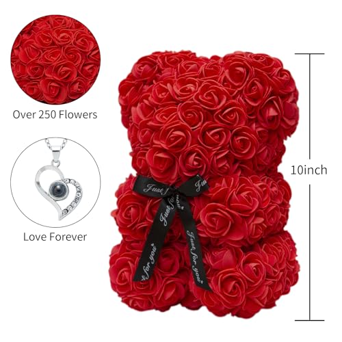 DuHouse Rose Bear Rose Teddy Bear Flower Gift Box for Valentines Gifts Anniversary Christmas,Birthdays Bridal Showers -Fully Handmade 10 inch Flower Bear Clear Gift Box(Red with Necklaces) - color: Red With Necklaces