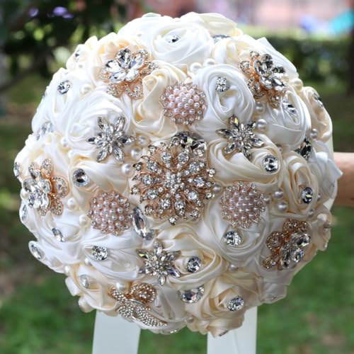 Champagne and Ivory Bridal Wedding Bouquet with Bling Rhinestone Pearl Luxury Brooch Satin Rose Flower Bouquet for Bride Bridesmaid Quinceanera Bouquet Wedding Champagne and Ivory 9.8in - color: Champagne & Ivory, size: Extra-large (DIA. 9.8"/25cm)