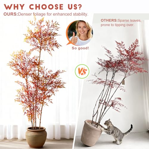 Faux Bamboo Plant Artificial Nandina Tree 6.5FT Artificial Plants Realistic 90% Better Coverage Faux Plant Bamboo Plants Faux Floor Plant in Pot for Home & Office Decor (Red, 6.5ft) - color: Red, size: 6ft 6in