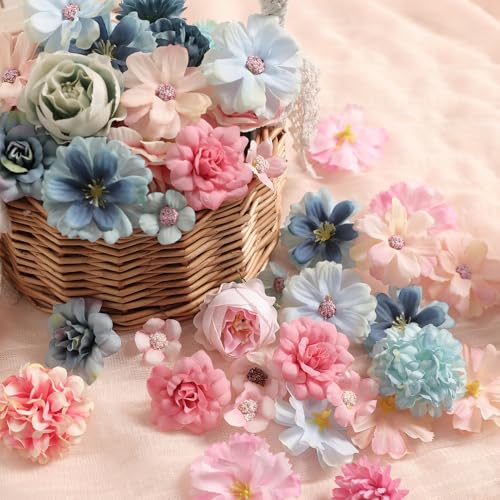 rongflower Faux Flower Heads Mini Blue Pink Artificial Flower Heads Fake Peony Daisy Rose Flowers Multicolor Small Silk Daisy Flower Heads for Craft Garland Wedding Party DIY Home Decoration,2-4 cm - color: Blue Pink