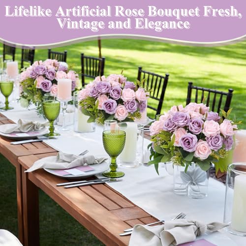 Zeyune 8 Pack Artificial Mini Purple and Pink Roses 12 Inch Fake Flowers with Stems, 80 Small 1.6 Inch Flower Heads, Silk Mini Rose Bouquets for Wedding Centerpieces Bridal Bouquets Home Party Decor - color: Purple and Pink