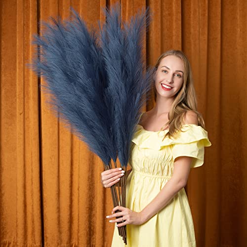 Faux Pampas Grass 6 Stems, Artificial Pampas Grass - 43 inch Total Extra Large Pompass Grass Tall Pompous Boho Flower Arrangement and Floor Vase Filler Home Decor for Room Wedding Party (Blue) - color: Blue