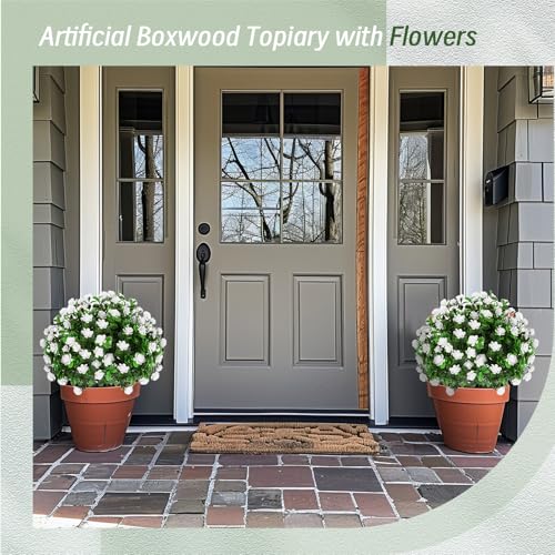 Yunlly Set of 6 Artificial Boxwood Topiary Ball Tree 16 Inch Outdoor Topiary Tree with Flower Fake Bushes, UV Resistance Faux Shrubs Evergreen Plant with Spike for Front Porch Indoor Decor (White) - color: White