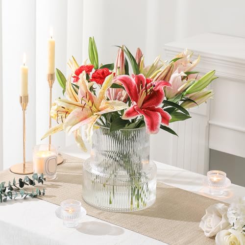 Ribbed Glass Vase, Large Glass Vase for Flowers, Fluted Glass Vases, Clear Glass Vases for Living Room, Office, Dining Table, Entryway, Mantle, Shelf, Wedding, 9 Inches - color: Clear, size: Ribbed 9 Inches