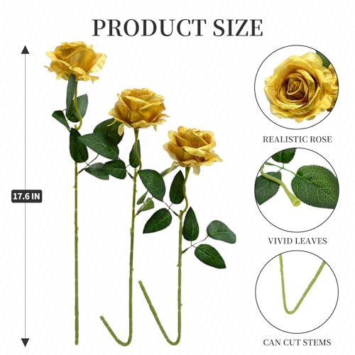12pcs Rose Artificial Flowers, Fake Rose Silk Flower Bouquet, Faux Roses with Stems - 50cm, Roses Decor for Wedding & Home Decoration (Gold) - color: Gold