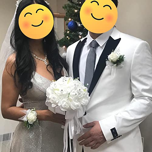 Rose Corsage and Boutonniere Set, 2PCS Handmade Artificial Flower Bride Wrist Corsage Wristlet Bracelets Wristband Men Boutonniere for Wedding Prom Suit Decorations (A-1 Boutonniere & 1 Wrist Corsage) - color: A-1 Boutonniere & 1 Wrist Corsage