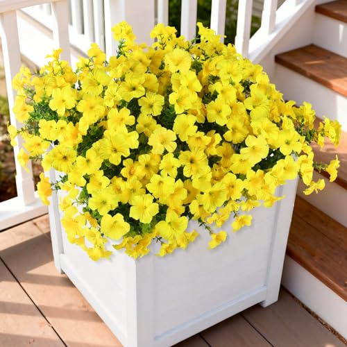 INQCMY Artificial Fake Flowers for Outdoors Decoration,12 Bundles Silk Colorful Morning Glory with Eucalyptus UV Resistant Look Real Faux Flowers for Planter Door Garden Porch Patio Balcony Yard - color: Yellow