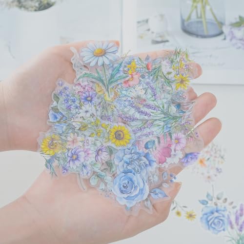 100 Pcs Natural Flower Stickers for Scrapbooking Junk Journal Notebook Planner Card Making Collage Envelope Water Bottle Phone Case Craft, Rose, Daisy, Lavender, Sunflower, Wildflower Stickers - color: Mix Flowers