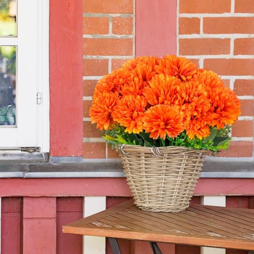12Pcs Artificial Fall Flowers, Fake Silk Chrysanthemums Orange Marigold Ball Flower Fake Mums for Autumn Dia De Los Muertos Day of The Dead Home Decor Outdoors Indoor