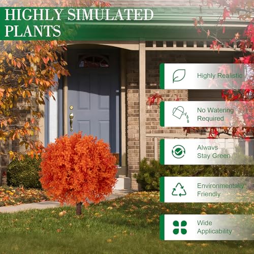 AOKIIE 24" Artificial Boxwood Topiary Bushes UV Resistant for Outdoor 2PCS | Artificial Shrubs with Ground Spike, Orange Faux Outdoor Plants for Indoor & Outdoor Garden, Yard, Porch, Patio - color: Orange