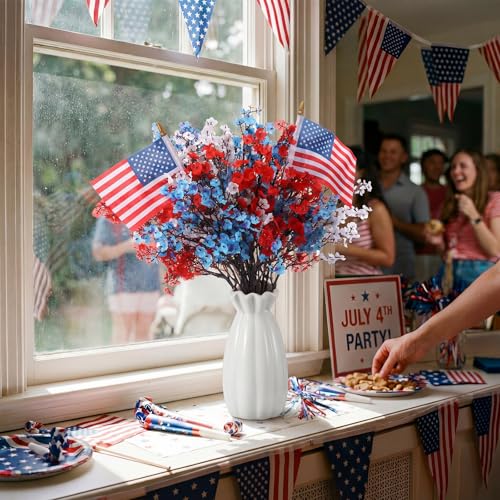 Tigeen 14 Pcs 4th of July Decor Red White Blue Artificial Flower Patriotic Decoration Fake Baby Flower with 2 Flag 250th Anniversary Table Centerpiece for Memorial Veterans Independence Day Home Decor - style: Baby Breath