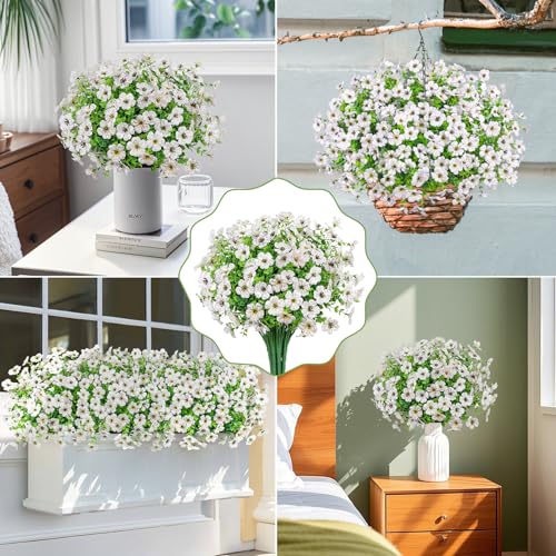 20 Bundles Artificial Flowers for Outdoors Decoration Fake Silk Flowers UV Resistant Faux Plants Artificial Daisy Eucalyptus for Spring Summer Garden Yard Porch Window Home Decor, White - color: White