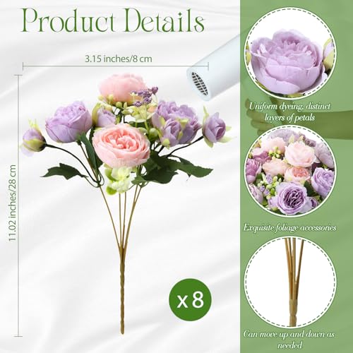 Geosar 8 Bundles Artificial Peonies Flowers Fake Silk Peony Bouquet Faux Peonies Flowers Bulk for Decoration Vase Floral Arrangements Wedding Party Table (Gray Purple,Light Purple) - color: Gray Purple, Light Purple