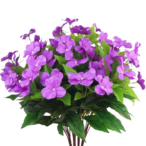 CITYES 4 Pcs Artificial Flowers Outdoor Impatiens UV Resistant Silk Impatiens Flowers Purple Faux Flowers Impatiens Bushes Artificial Impatiens for Pot Patio Lawn Garden Hanging Basket Porch Decor - color: Purple