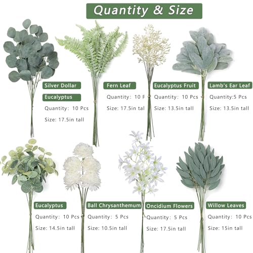 VIERENA Artificial Greenery Stems Box Set(Pack of 65pcs) with 8 Kinds of Faux Plants and Fake Flowers for DIY Wedding Bouquet Table Centerpieces and Floral Arrangement (Beige&Dusty Green) - color: Beige&dusty Green