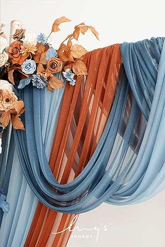 Ling's moment Fall Wedding Arch Flowers with Sheer Drapes Kit - Artificial Orange and Navy Blue Floral Arrangements for Ceremony Backdrop, Arbor Decor, 5-Piece Set (2 Flower Stems + 3 Hanging Drapes) - color: Or-russet Orange & Denim Blue