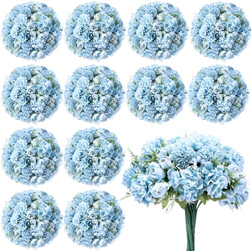 Tigeen Peonies Artificial Flowers Faux Roses Silk Flowers Hydrangea Artificial Bouquet for Wedding Table Centerpiece Floral Vase Home Office Bridal Decor(Blue,12 Bundles) - color: Blue