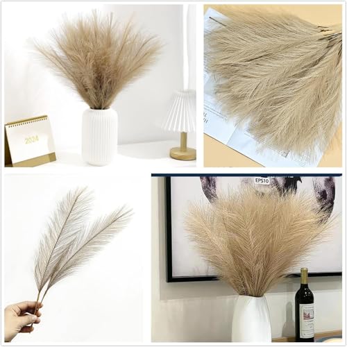 Fake Pampas Grass Plants Artificial Reeds Decoration Set of 28 Stems 18” Faux Florals Bulrush Fluffy Beige Branches for Boho Home Wedding Party Vase Fillers Christmas DIY Feathers Décor - Brown 28 Pcs - color: Pampas Grass Stems / Brown 28 Pcs