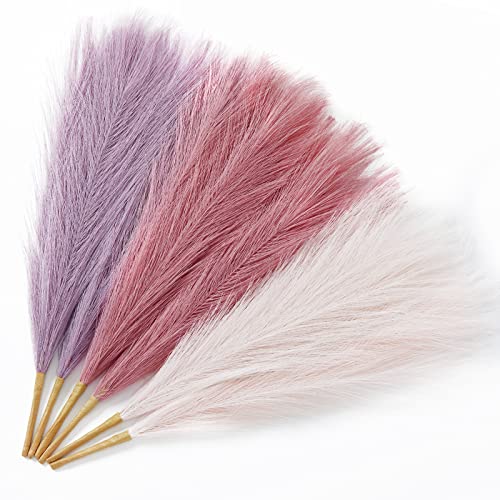 Serwalin Faux Pampas Grass Decor 17 Inch 6pcs, Purple Pink Artificial Pampas Grass Home Wedding Decor, Small Fake Pompous Boho Vase Filler, Bathroom Living Room Decoration - color: Lavender & Milky Pink & Pink, size: 17 Inch 6 Pcs