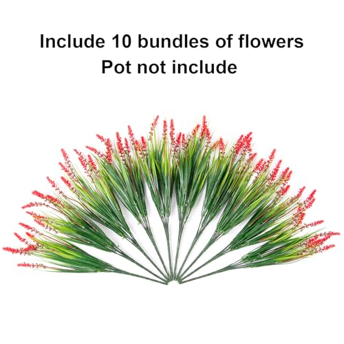 HyeFlora Artificial Fake Flowers Outdoor Plants for Summer Decoration,10 Bundles Faux Plastic Tall Monkey Grass Greenery UV Resistant Realistic Lavender for Home Planter Window Porch Garden-Red - color: Red