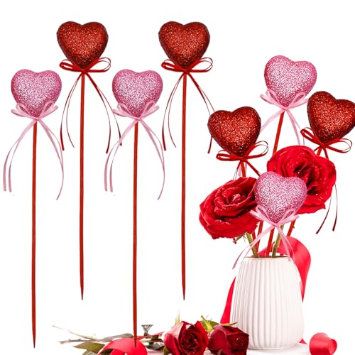 Valentine's Day Glitter Heart Foam Picks Puffy Sparkly Heart on Sticks Valentines Day Floral Picks for Table Centerpiece Decoration Vase Wedding Crafts Stems Arrangement (4, Pink Red)