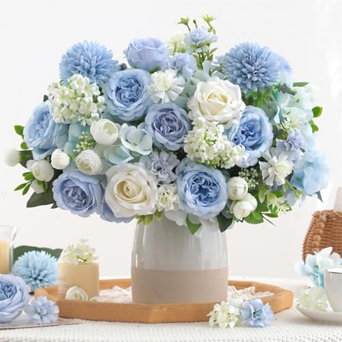 8 Pcs Mixed Artificial Peony Flowers Set-4 Bouquets & 4 Stems, Blue Fake Peony Rose Hydrangea Flowers for Vase Silk Floral Arrangements for Table Centerpiece Wedding Party Bridal Decoration Home Decor - color: Blue, size: Mixed 8pcs