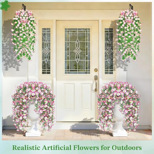 Artificial Hanging Flowers for Outdoors, 4Pcs UV Resistant Artificial Hanging Morning Glory Flowers, Spring Realistic Faux Outdoor Flower for Porch Patio Yard Garden Farmhouse Decor (Pink) - color: Pink