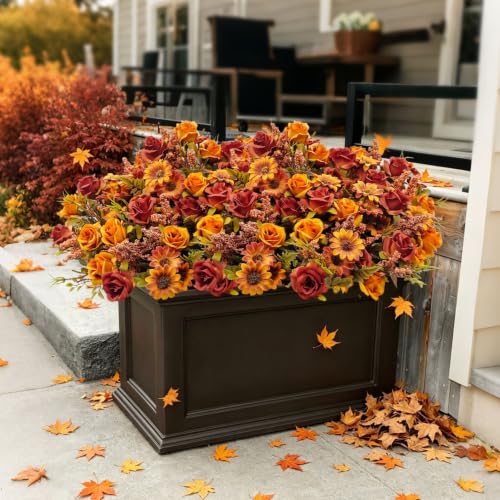 Fall Flowers Artificial for Outdoor Decoration, 6 Bundles Faux Fall Flowers Fake Rose with Artificial Mums for Front Porch Garden Patio Window Box Outside Autumn Home Indoor Decor (Fall Orange) - color: Fall Orange