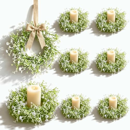 8 Pcs Mini Baby Breath Candle Rings Wreaths Gypsophila Pillar Holder Wreath Artificial Flower Spring Summer Floral Wreath for Wedding Farmhouse Porch Cabinets Table Decoration - color: Baby Breath