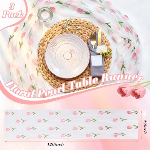 Mindsoft 3 Pcs Pink Floral Tulip Table Runner 10ft Gauze Embroidery Tulip Sheer Floral Tulle Easter Lace Table Runner for Wedding Bridal Baby Shower Holiday Dining Decor DIY - style: Tulip