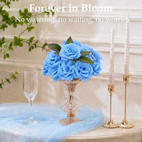 Rose Artificial Flowers, 50Pcs White Roses Head Flowers Bulk with Stem, 3 Inches Silk Rose Fake Flower Head for Wedding Party Home Decor DIY Baby Shower Centerpieces Tables Decoration (Light Blue) - color: Light Blue
