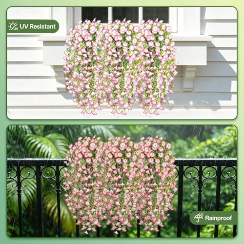 Artificial Hanging Flowers for Outdoors, 4 PCS UV Resistant Morning Glory Flowers with Eucalyptus Leaves, Silk Fake Flower Realistic Faux Plants for Home Patio Porch Garden Decor, White+Pink - color: Pink-white
