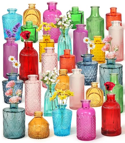 Set of 30 Colorful Glass Bud Vases - Small Textured Flower Vases for Centerpieces, Wedding Table Decor, Retro Home Decor Bulk Vase Set for DIY, Events & Gifts - color: Colorful