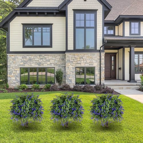 Artificial Lavender Topiary Ball Trees, 2 Pcs 23.6" Faux Lavender Bushes with 4 Ground Spikes, Fake Evergreen Plants for Home, Garden, Yard, Patio, Front Porch Decor