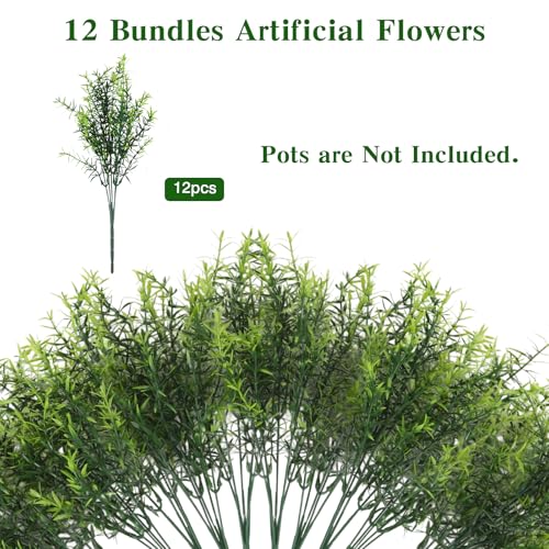 CEWOR Artificial Plants Greenery Outdoor UV Resistant Faux Grass Shrubs Fake Rosemary for Wedding Decoration Farmhouse Garden Porch Window Patio Planter Indoor (12 Bundles) - color: Green Rosemary